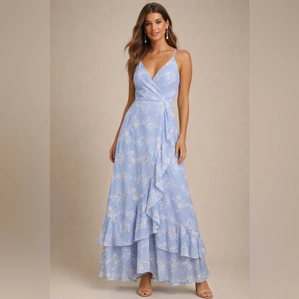 Lulus NEW In Love Forever Maxi Dress Size XL Floral Lace Up Back Ruffle Tiered - Picture 1 of 12